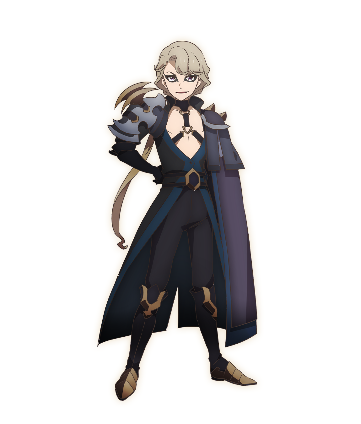 A character setting of Volux from the SEVEN KNIGHTS REVOLUTION: Hero Successor TV anime. Volux appears as a young man in revealing sorcerous armor and a dark cloak. Volux sports his hair in a single long braid and has dark eye-liner outlining his eyes and a cruel expression.