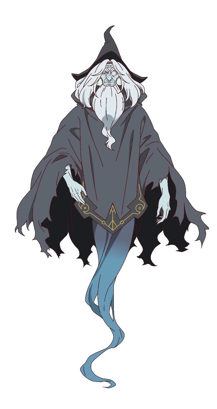 A character setting of Gus, a ghostly wizard from the upcoming The Faraway Paladin TV anime. Gus appears as a wizened old man with long white hair and a fowing beard. He wears a pointy hat, a monocle, and dark robes that trail off into whisps where his legs would normally be.