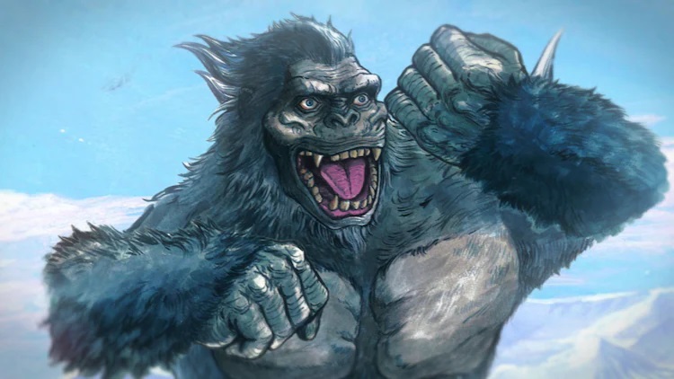 Ein wildes, affenähnliches Riesenmonster hebt seine Fäuste und brüllt in einer Szene aus dem kommenden Original-TV-Anime von KJ File.