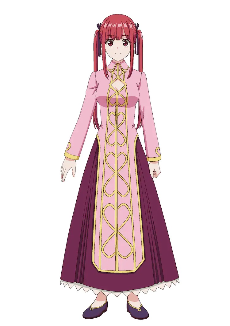 A character setting of Mulia from the upcoming Fantasy Bishoujo Juniku Ojisan to TV anime. Mulia has red hair done up in twin tails and she wears an aristocratic pink and purple gown.