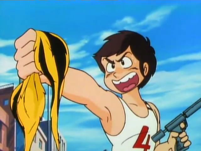 Ataru Moroboshi steals Lum's tiger-skin bikini top in an effort to save Earth from alien conquest in the Urusei Yatsura TV anime.