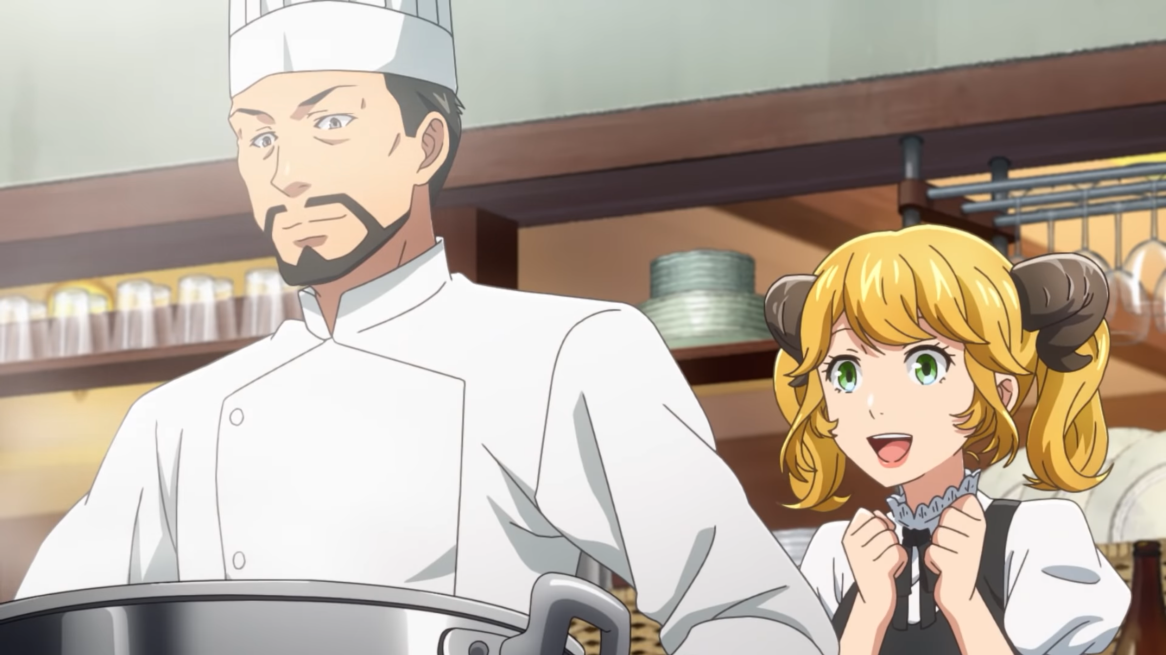 Master und Aletta bereiten in einer Szene aus dem kommenden Restaurant to Another World 2 TV-Anime einen großen Topf mit Eintopf für ihre Kunden zu.