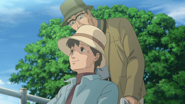 With the aid of a wheelchair, husband and wife couple Michio and Yoko enjoy a stroll along the outskirts of town in a scene from Marukome's 8th animated TV CM.