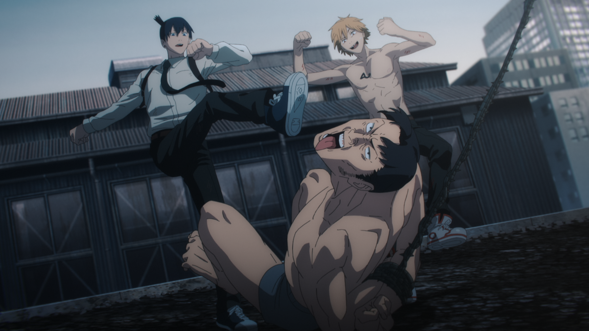 Aki and Denji kicking Katana Man in Chainsaw Man