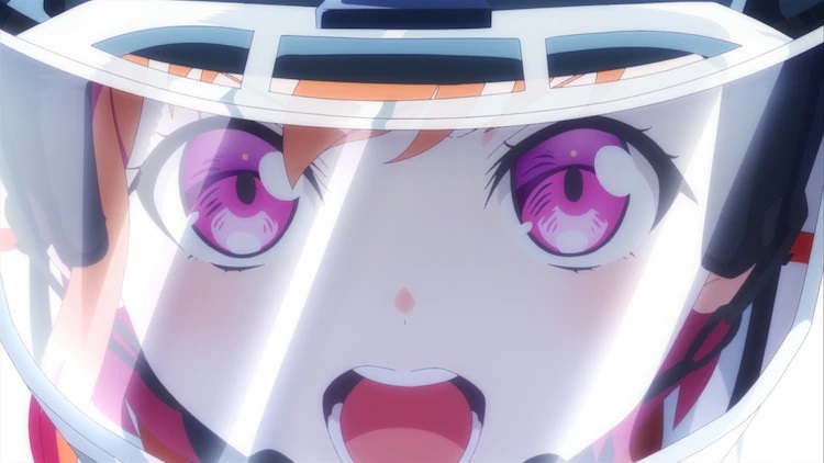 Dressed a complete set of hockey equipment a helmet and face shield, protagonist Manaka Mizusawa unleashes a passionate yell a she competes on the ice in a scene from the upcoming PuraOre! ~PRIDE OF ORANGE~ TV anime.
