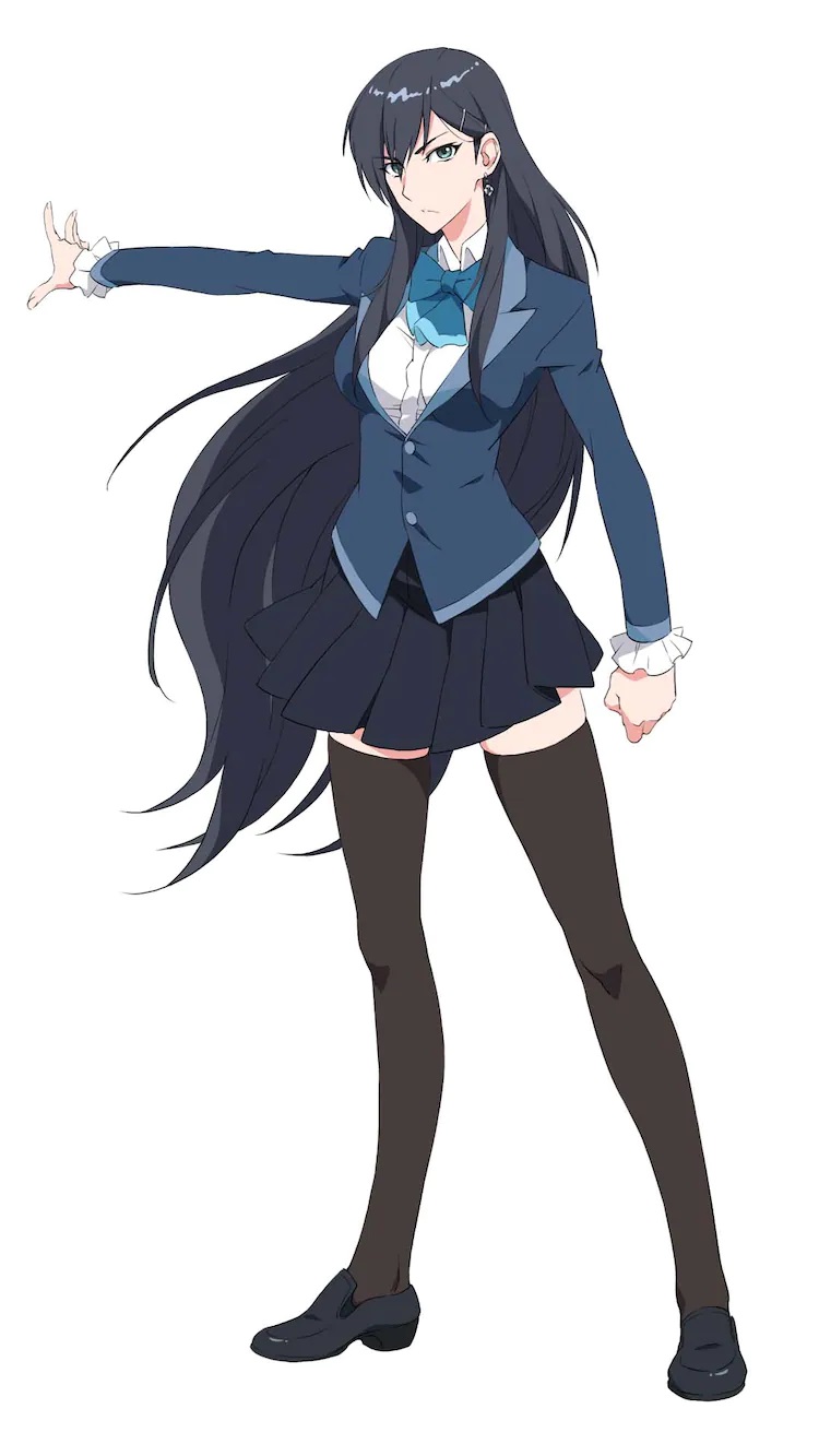 A character setting of Hana from The Last Summoner TV animation. Hana has hip length black hair and green eyes. She wears a blue blazer with a white dress shirt underneath capped with a light blue bow as well as a dark blue pleated skirt, thigh high black stockings, and black dress shoes. She sports a determined expression on her face, and her right arm is thrust outward in a broad, sweeping gesture.