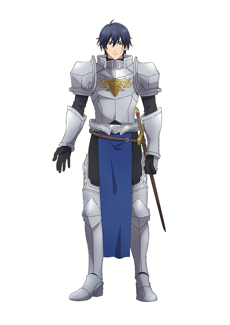 A character setting of Hero, a knight in plate mail with short dark hair and an X-shaped scar on his cheek, from the upcoming Dragon Goes House-Hunting TV anime.