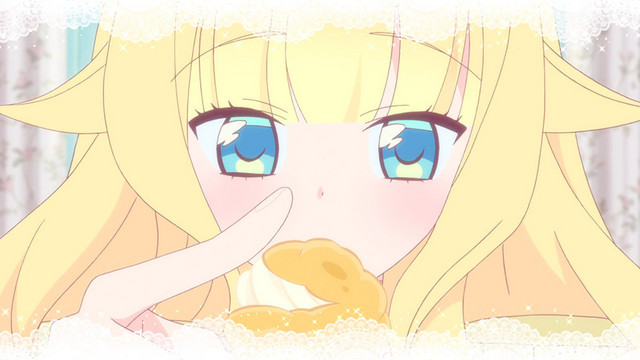 Beelzebub, the ruler of Hell, is enchanted by a cream puff in a scene from the As Miss Beelzebub Likes it. TV anime.