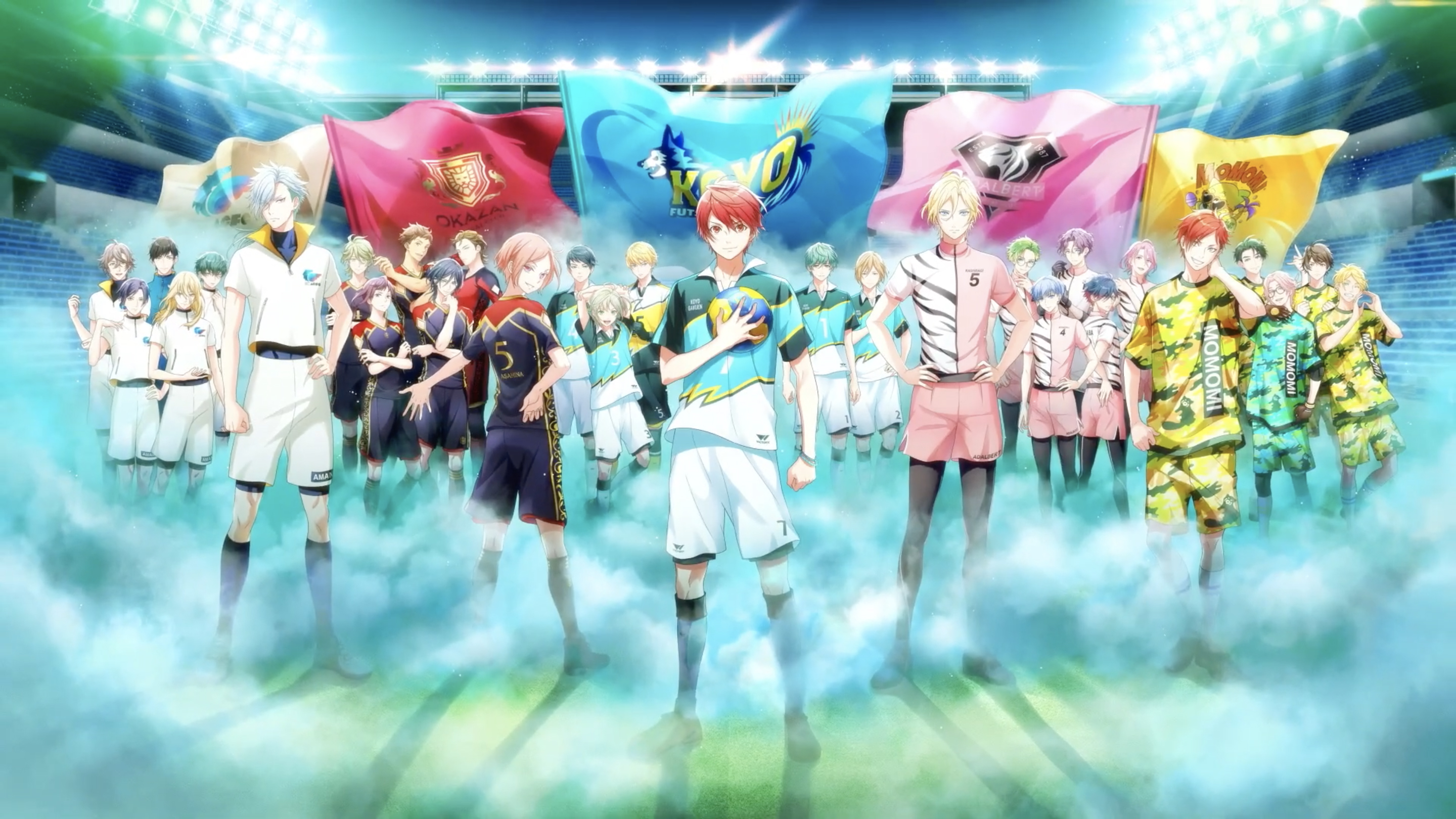 Ein Werbebild für die kommenden Futsal Boys!!!!!  TV-Anime mit den Hauptfiguren, die in ihren Futsal-Uniformen posieren.