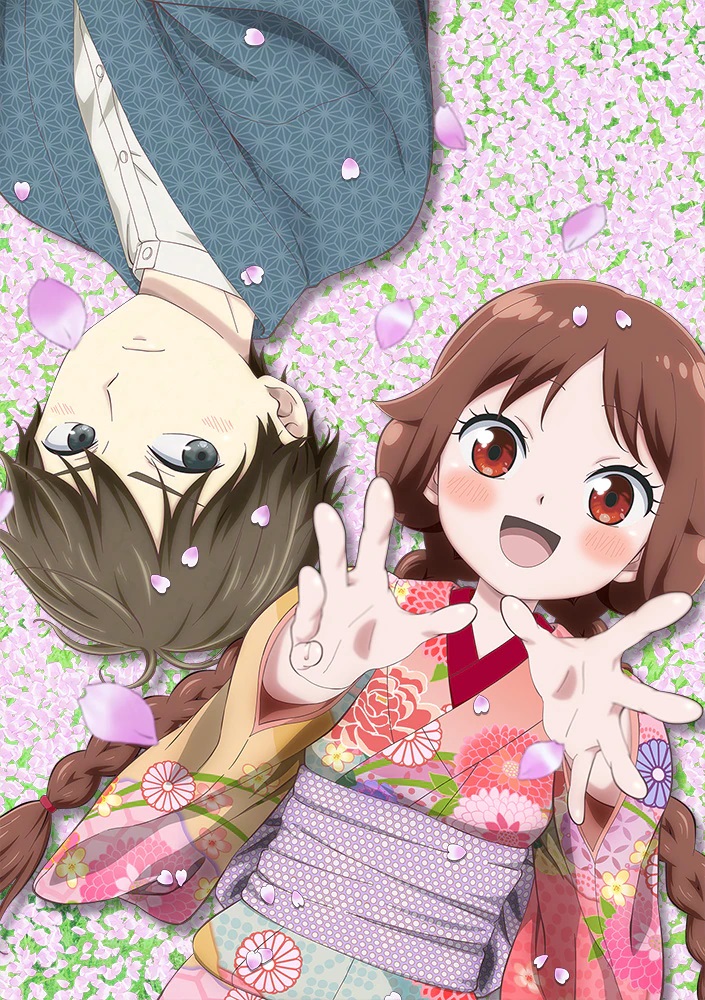 A new key visual for the upcoming Taisho Otome Otogi Banashi TV anime, featuring the main characters, Tamahiko Shima and Yuzuki Tachibana, laying amid a field of flowers while cherry blossoms gently rain down from above. 