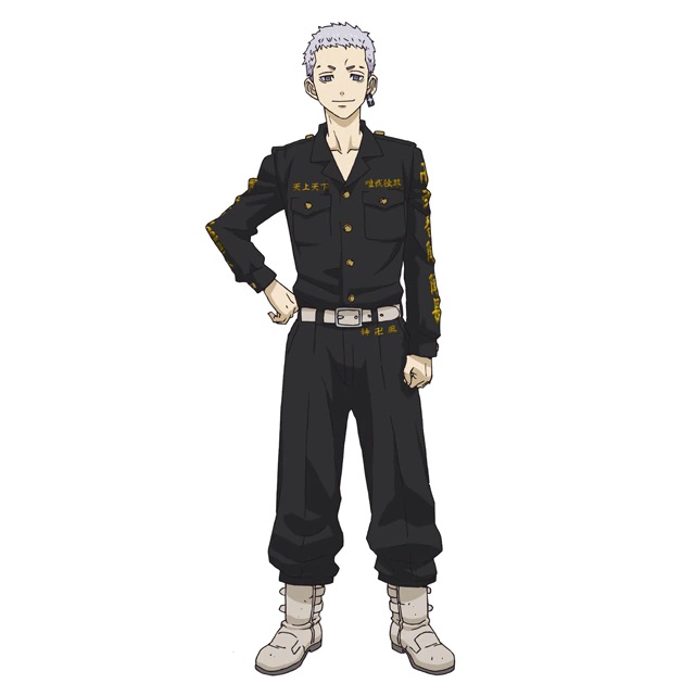 A character setting of Takashi Mitsuya, a delinquent with short gray hair and a prominent earring from the upcoming Tokyo Revengers TV anime.