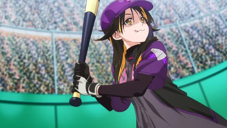 SaKo, a member of team BanShee, sticks her tongue out of the corner of her mouth while preparing to bat in a baseball arena filled with fans in a scene from the Extreme Hearts TV anime.