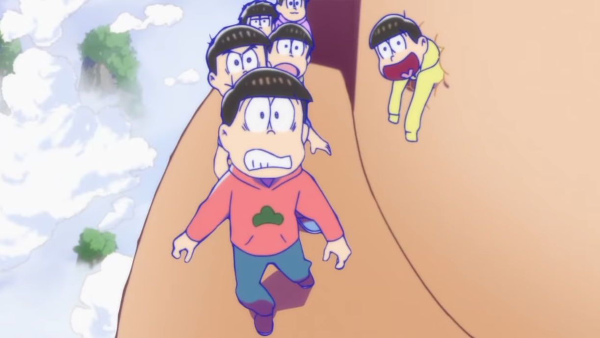 The six Osomatsu brothers rush around in a complete panic when confronted by missiles and dinosaurs in a scene from the most recent opening animation to the Mr. Osomatsu TV anime.