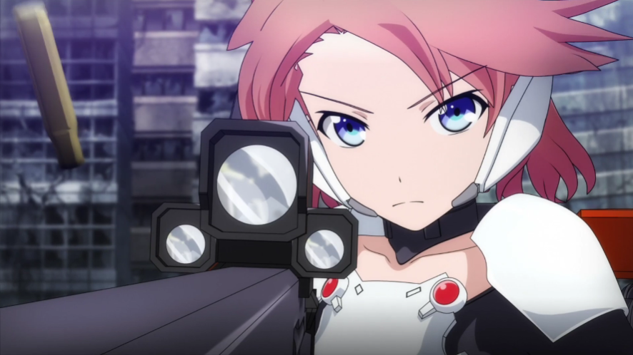 Riko fires off a round from the primary weapon of her Assassin LBX power armor in a scene from the upcoming Soukou Musume Senki TV anime.
