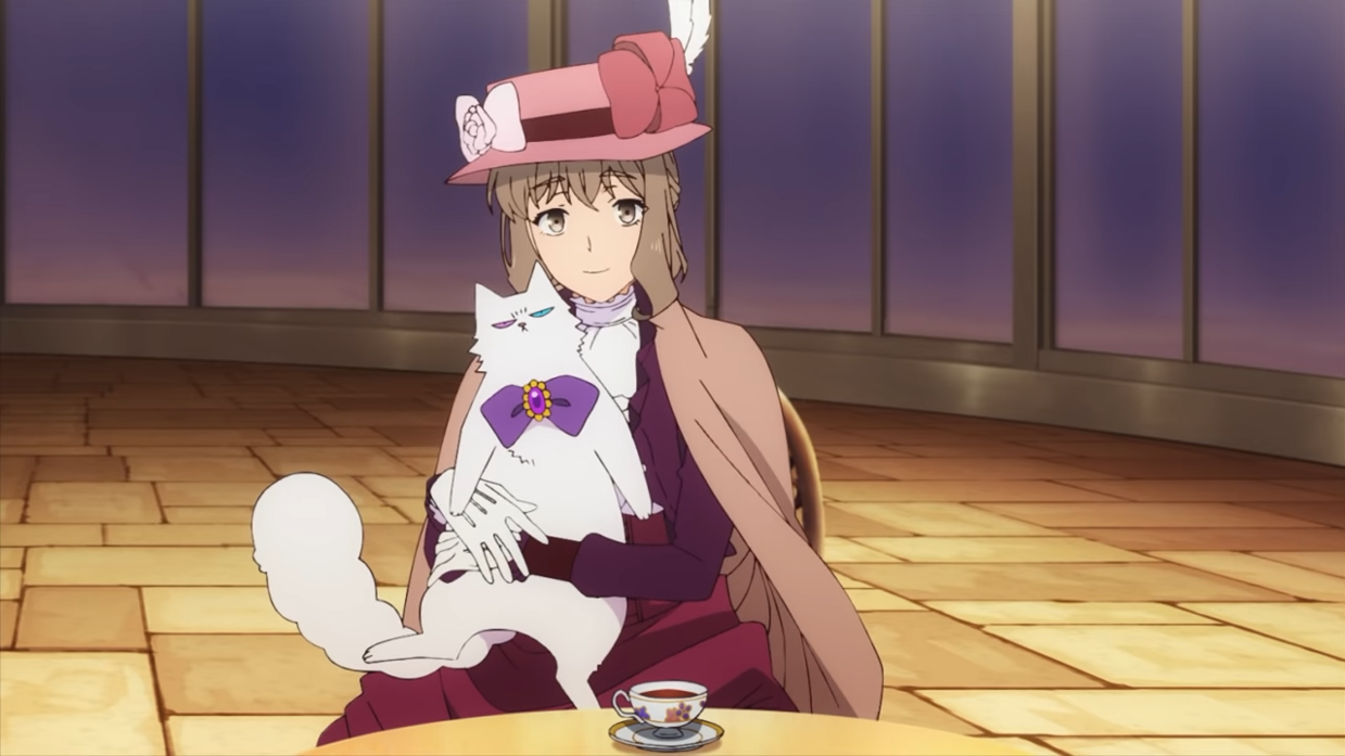 A young noblewoman holds a rather grumpy looking Murr, a fluffy white cat with heterochromatic eyes, in a scene from the upcoming The Case Files of Vanitas TV anime.