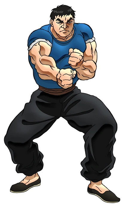 A character visual of Sea King Yoh, a martial artist with prominent eyebrows who wears a blue shirt and black trousers, from the upcoming Baki anime.