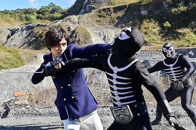 Takeshi Hongo (played by actor Maito Fujioka) battles the minions of Shocker in a scene from the upcoming Kamen Rider Beyond Generations live-action tokusatsu film.