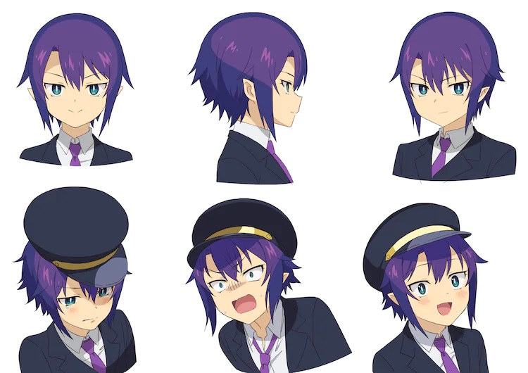 A character setting of Saurva, a high ranking demon from the upcoming The Great Jahy Will Not Be Defeated! TV anime. Saurva appears as a slender young woman with purple hair, green eyes, and pointed ears. She wears a military uniform with a cap and a cape.