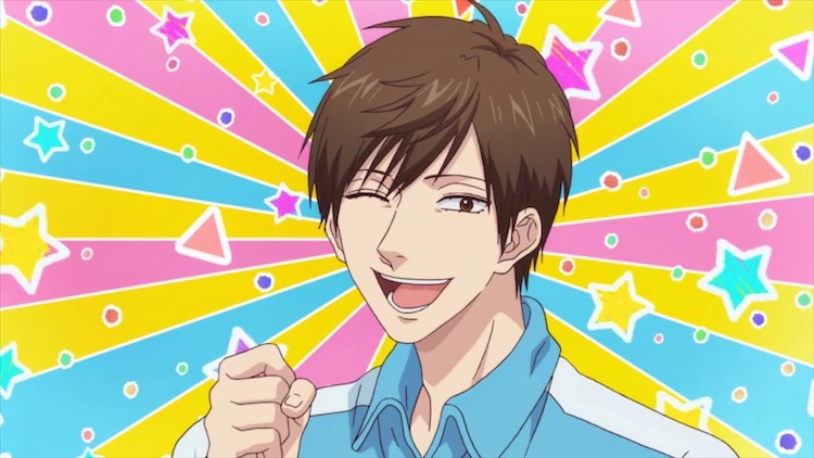 Despite his dark and pessimistic personality, Uramichi puts on a bright and smiling persona in his role as an athletic instructor for a children's TV show in a scene from the upcoming Uramichi Oniisan TV anime.