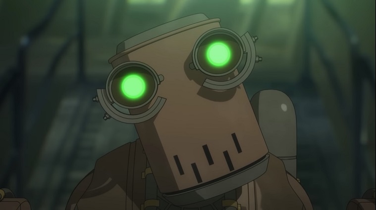 Pascal, a peaceful Machine Lifeform, cocks its head quizzically in a scene from the upcoming NieR:Automata Ver1.1a TV anime.