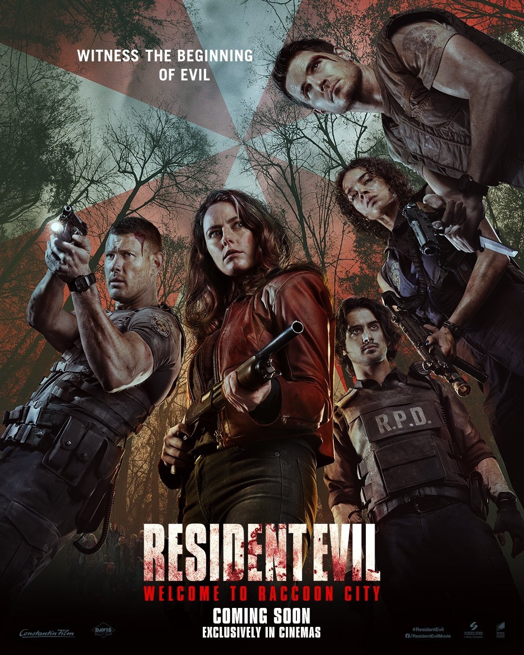 A movie poster for the upcoming live-action Resident Evil: Welcome to Raccoon City film, featuring the main cast of survivors brandishing their firearms and looking nervous but ready for action.