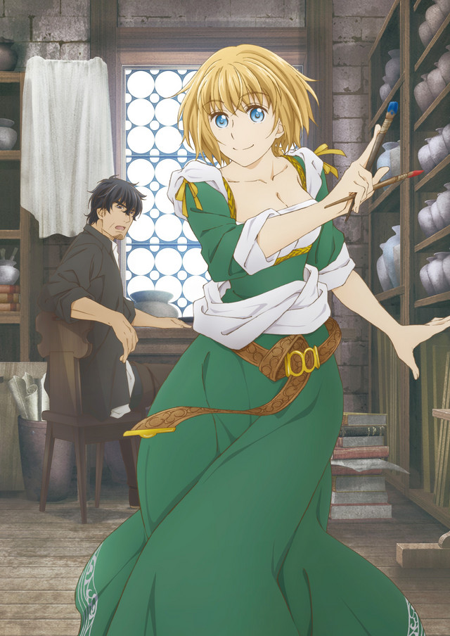 A key visual of the upcoming ARTE TV anime, featuring the main character Arte - a young noblewoman who wishes to be a painter - and Leo - an older man who works as a professional painter - in their workshop surrounded by painting supplies and reference materials.