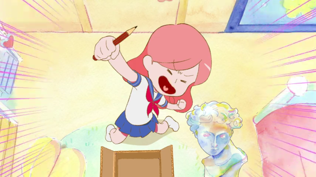 High school heroine Tenkorin Okakura brandishes a pencil and enthusiastically prepares to sketch a neoclassical bust statue in a scene from the upcoming Oshiete! Hokusai THE ANIMATION short form TV anime.