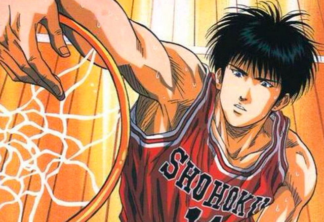 Kaeda Rukawa dunks a ball through the hoop in a promotional image for SLAM DUNK.