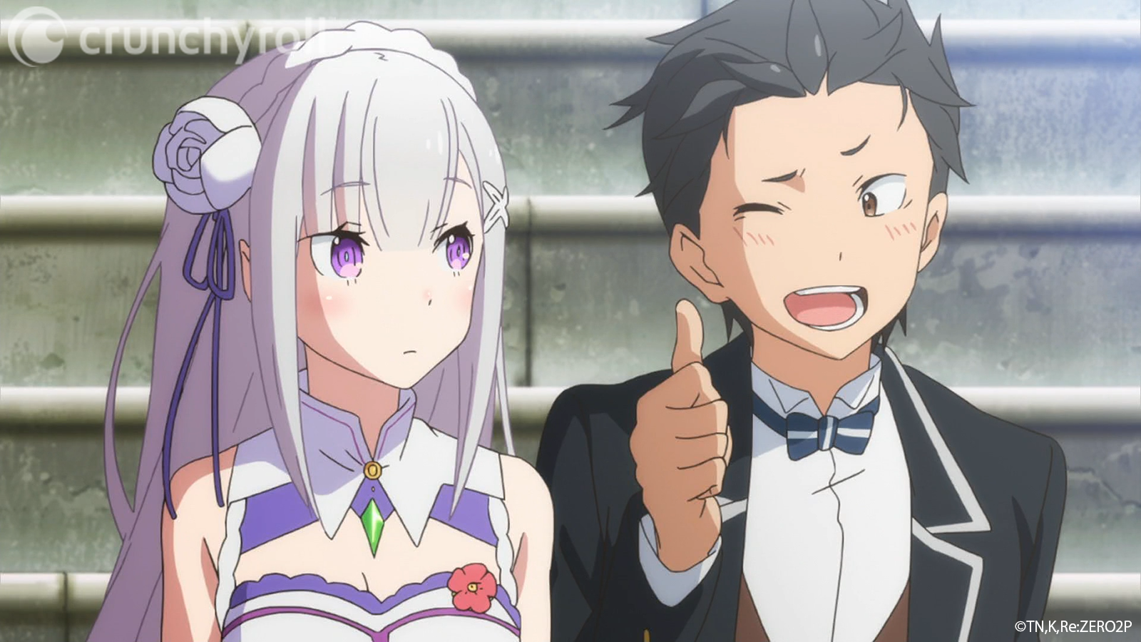 Subaru flashes Emilia an enthusiastic thumb's up in a scene from the Re:ZERO -Starting Life in Another World- TV anime.