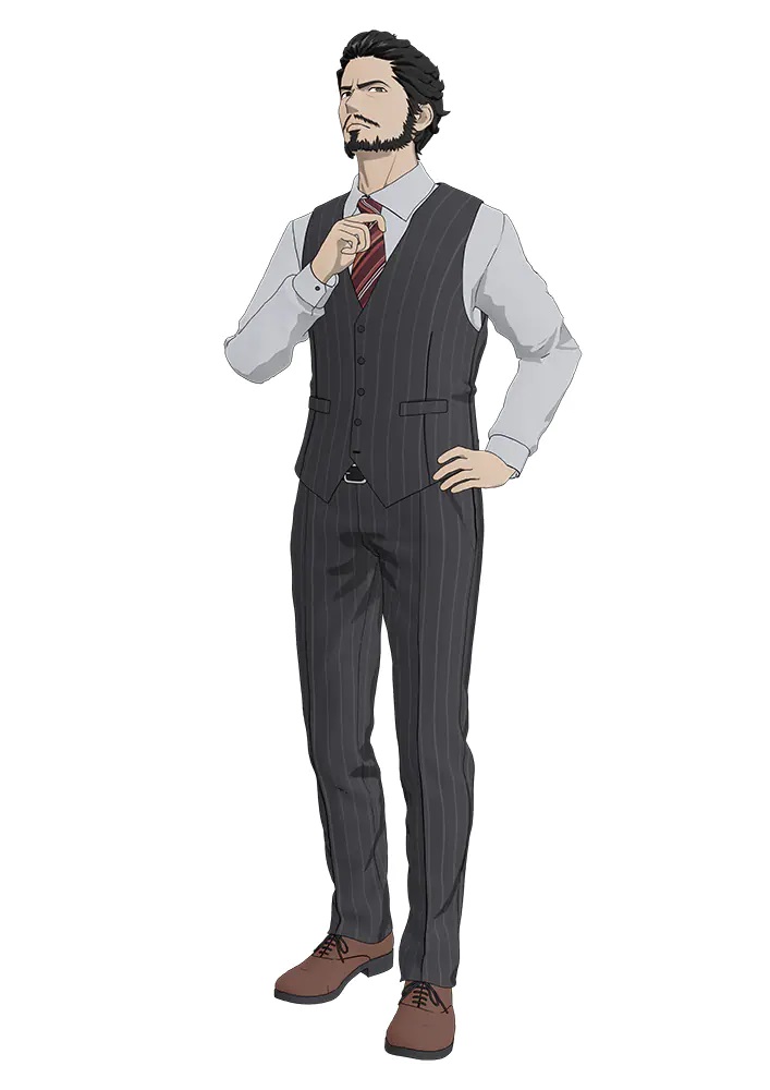 A character setting of Kensuke Toriumi from the upcoming TESLA NOTE TV anime. Kensuke is a stern looking, bearded man with dark hair and dark eyes. He dresses in a businesss shirt and tie with matching gray striped vest and slacks. 