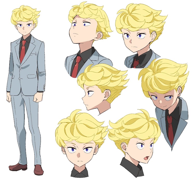 A character setting of Alan Gardner from the upcoming Pompo: The Cinéphile theatrical anime film. Alan is a young man with blonde hair and blue eyes. He dresses in a gray three piece suit with brown dress shoes, a black shirt, and a red tie.