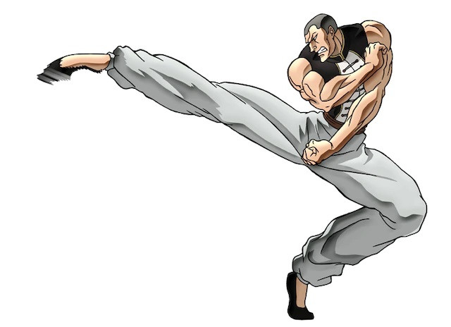 A character visual of Sea King Jo, a martial artist with close cropped hair who is performing a piercing side kick, from the upcoming Baki anime.