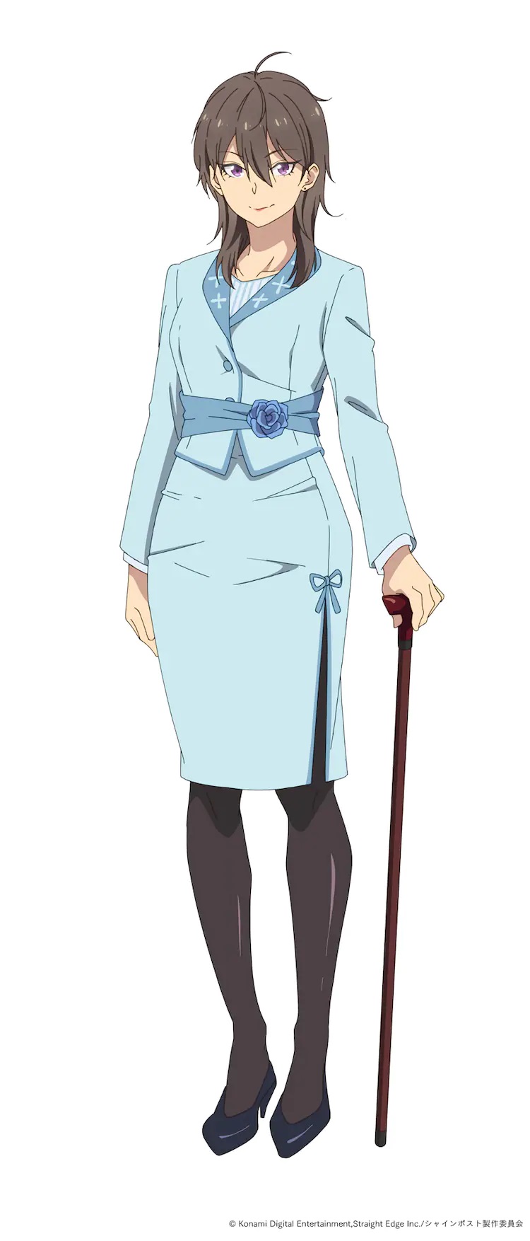 A character visual of Yuuki Hinase from the upcoming SHINE POST TV anime. Yuuki is a mature woman with brown hair and purple eyes who wears a light blue Chanel suit, stockings, and high heeled shoes. She supports herself with a cane in her left hand.