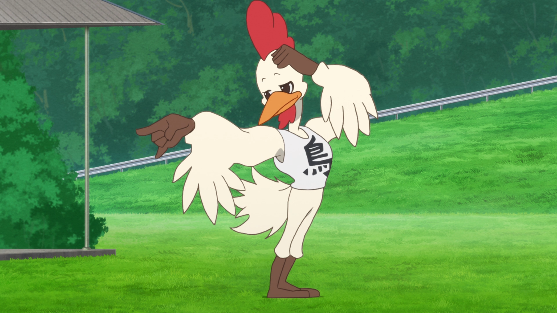 Cocco-kun, the mascot for the Drive-In Tori restaurant, strikes a dance pose in a scene from the ZOMBIE LAND SAGA TV anime.