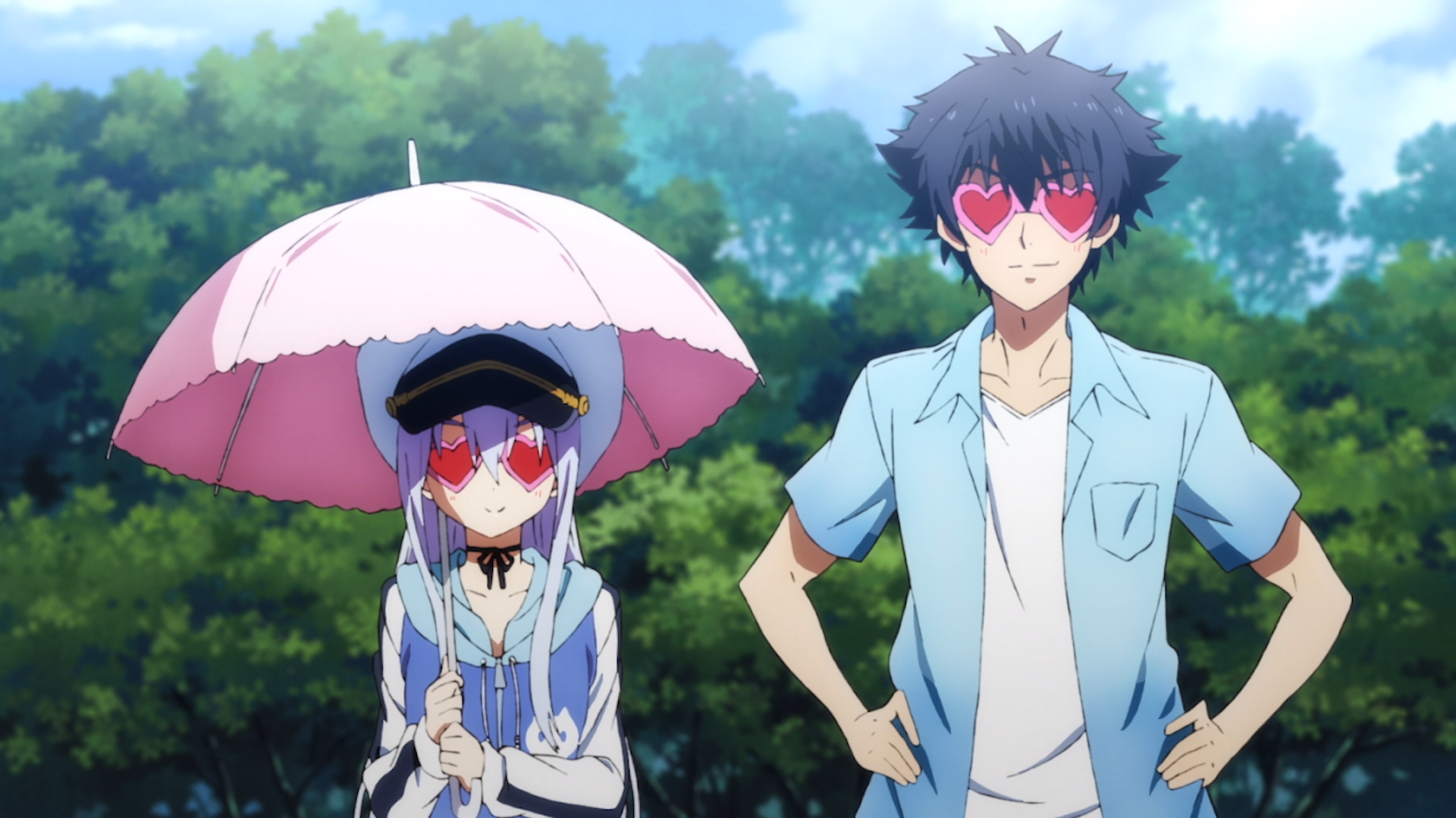 Rinne Ohara and Setsuna Sanzenkai sport a matching pair of funky, heart-shaped sunglasses in a scene from the 2018 ISLAND TV anime.