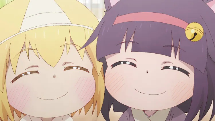Yurei-chan und Myako lächeln glücklich in einer Szene aus dem kommenden TV-Anime Shachiku-san wa Youjo Yurei ni Iyasaretai.