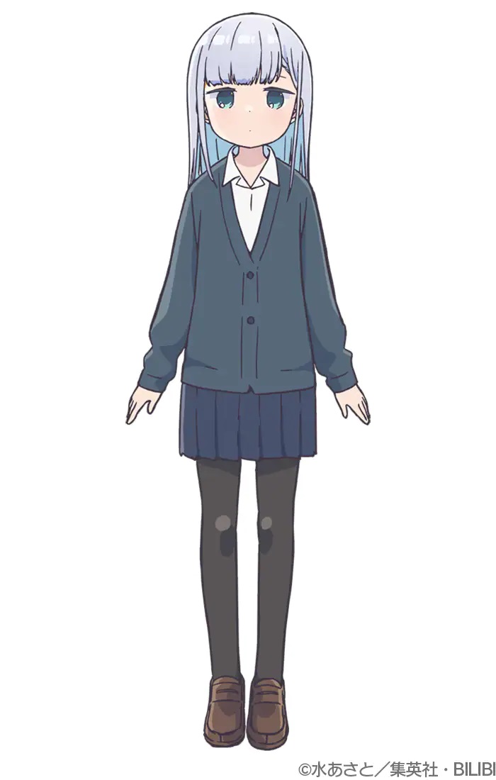 Eine Charaktereinstellung von Reina Aharen aus dem kommenden TV-Anime Aharen-san wa Hakarenai.  Reina ist ein zierliches Mädchen mit leerem Gesichtsausdruck, silbernem Haar und grünen Augen in Schuluniform und Blazer. 