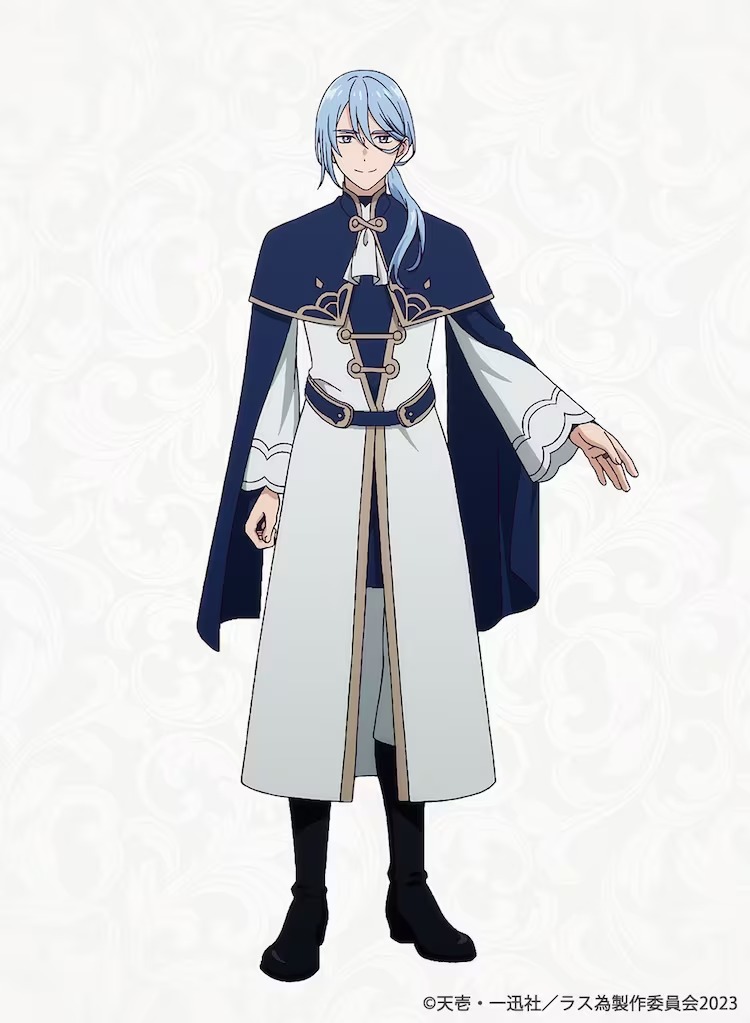 A character visual of Gilbert from the upcoming The Most Heretical Lost Boss Queen: From Villainess to Savior TV anime. Gilbert is a slender young man with light blue hair and purple eyes. He dresses in the white clothes and blue half-cloak of a royal administrator.