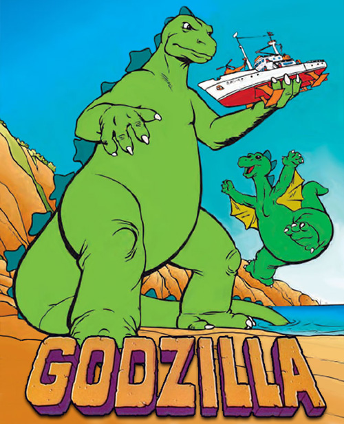 A promotional poster for the 1978 Hanna-Barbera Godzilla cartoon featuring Godzilla standing by a shoreline and lifting a science sailing vessel in one hand while Godzooky flaps excitedly nearby.