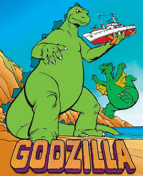 Ein Werbeplakat für den Hanna-Barbera-Godzilla-Cartoon von 1978 mit Godzilla, der an einer Küste steht und ein Wissenschaftssegelschiff in einer Hand hebt, während Godzooky aufgeregt in der Nähe flattert.