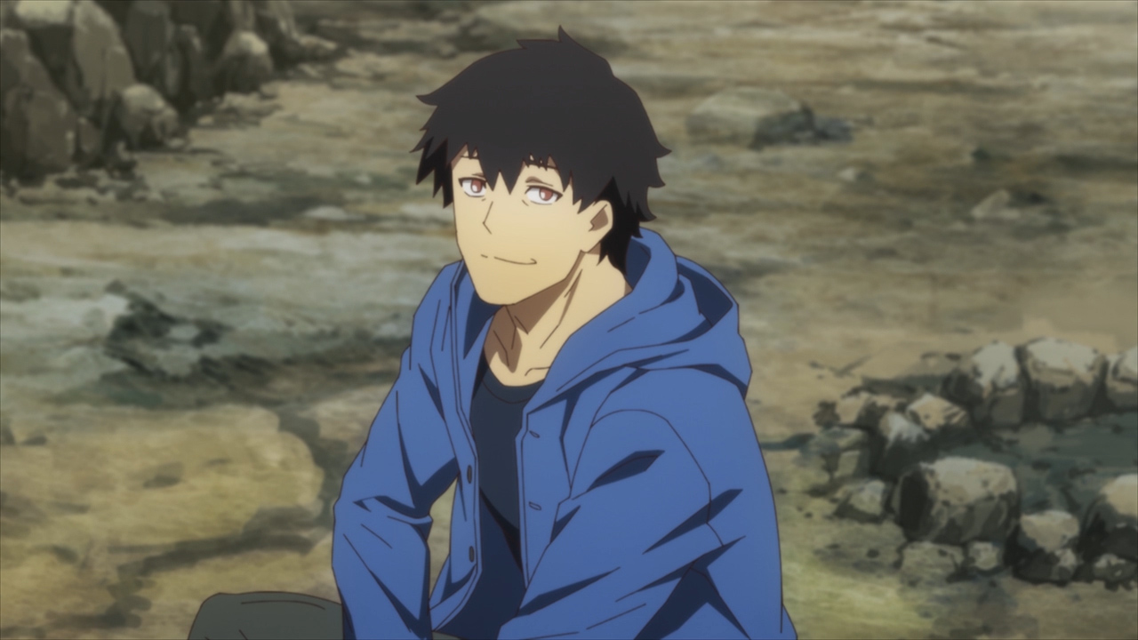 Rufus, an average looking man in a blue hooded sweatshirt, offers a winsome smile in a scene from the upcoming SAKUGAN TV anime. Rufus has shaggy black hair and brown eyes, and he appears to be of Asian descent.