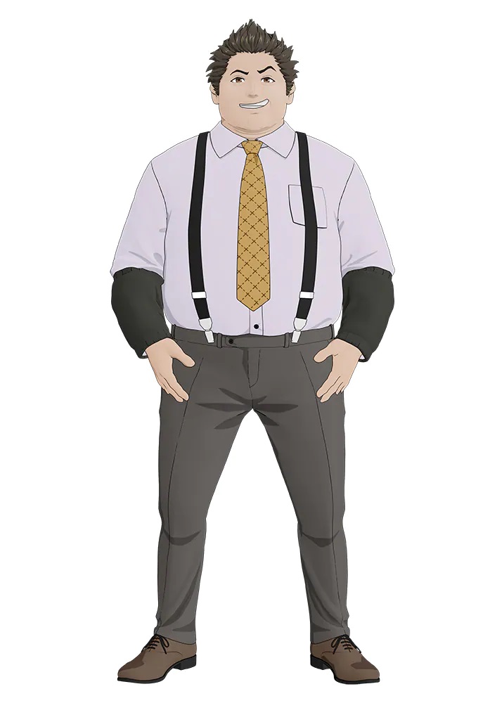 A character visual of Kyohei Himi from the upcoming TESLA NOTE TV anime. Kyohei is a chubby man with a smirking expression and slicked back, spiky hair. He wears a dress shirt, slacks, suspenders, and a tacky yellow tie. 