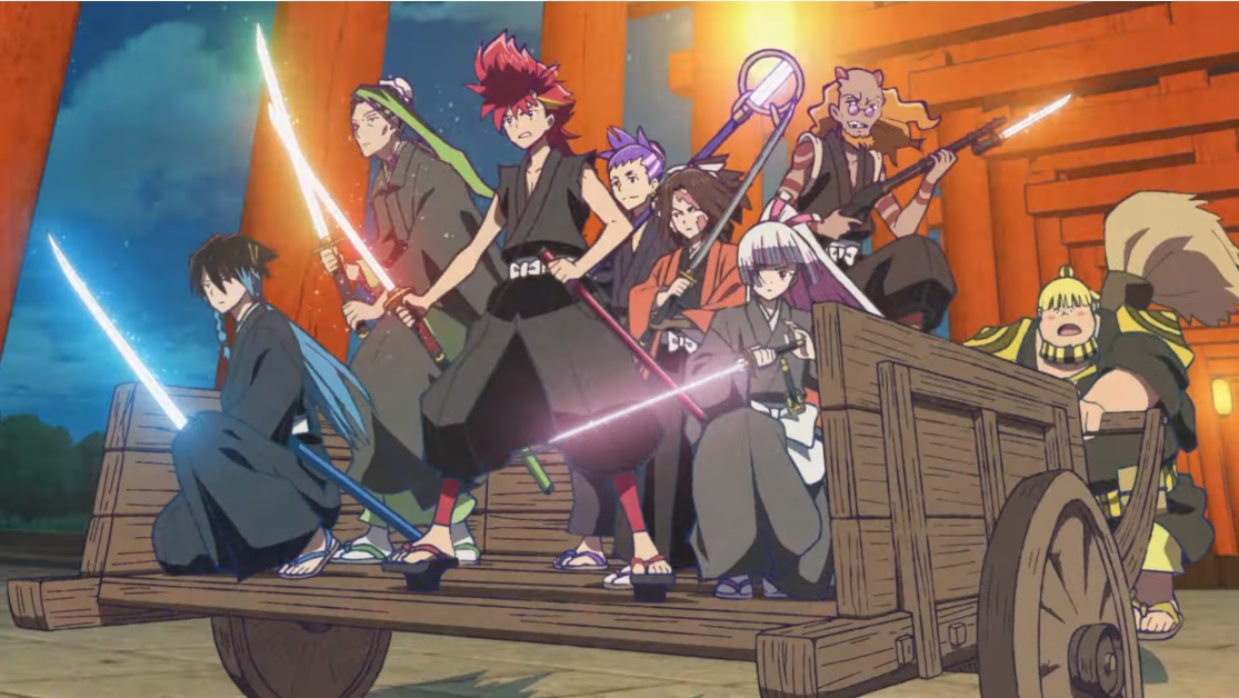 The main characters - a band of Shinsengumi impostors - rides into battle in a wooden cart with their weapons drawn and sheathed in mystic light in a scene from the Shine On! Bakumatsu Bad Boys TV anime.
