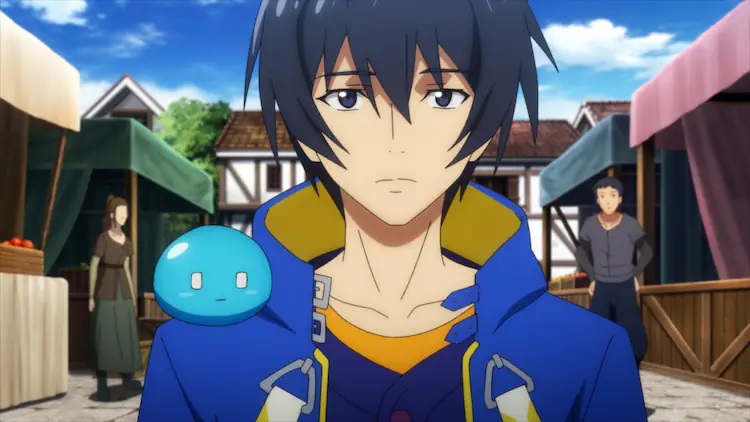 Yuji walks through the village square with a slime perched upon his shoulder in a scene from the upcoming My Isekai Life TV anime.