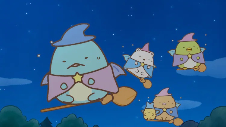 The Sumikkos find flying on a broomstick awkward and embarrassing after being granted magical powers in a scene from the upcoming Eiga Sumikko Gurashi: Aoi Tsukiyo no Mahou no Ko theatrical anime film. 