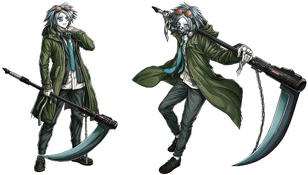 A character setting of Fucho Sonoda from the upcoming Tribe Nine TV anime. Fucho is a pale, wiry young man who wears a school uniform, a trench coat, goggles, and a gas mask. He also carries a massive scythe.