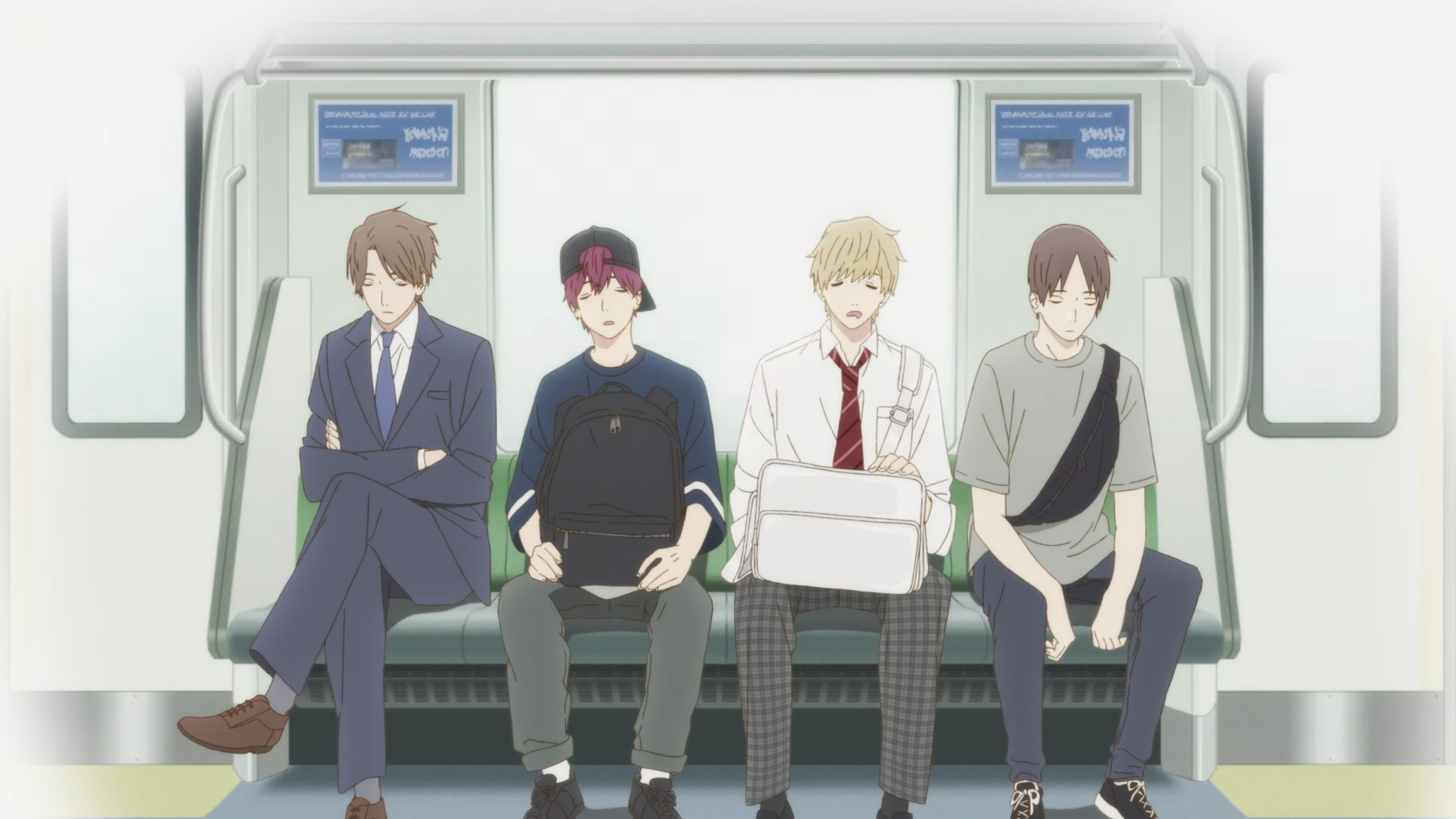 Four anime boys sitting on a train