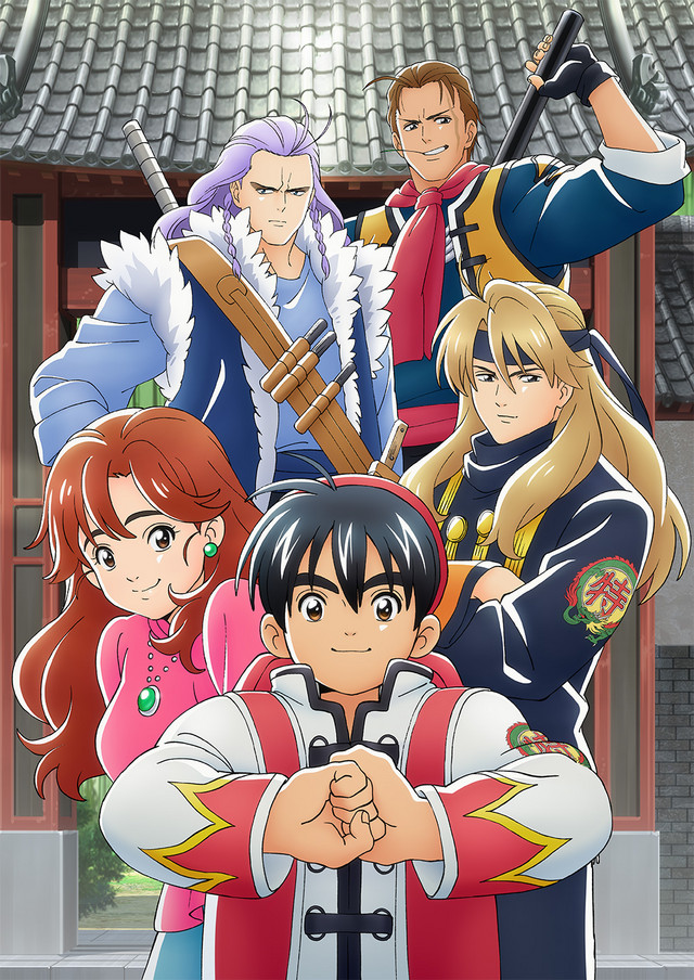 The main characters of gourmet TV anime Shin Chuka Ichiban! pose in front of a Buddhist temple.