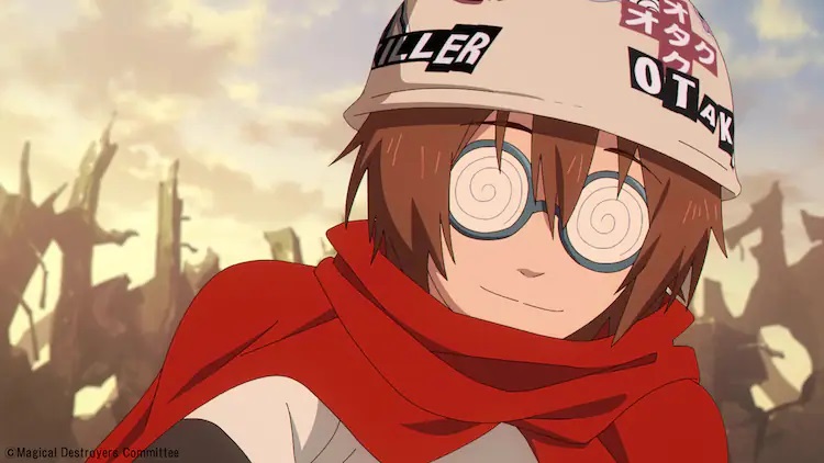 Surrounded by the wreckage of the former Akihabara, Otaku Hero - a nerdy looking young man in Coke bottle glasses, a helmet, and a red superhero cape - smiles wistfully in a scene from the upcoming Magical Girl Destroyers TV anime.