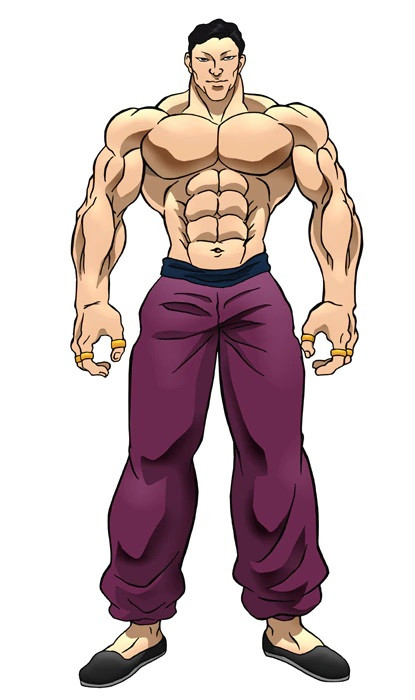 A character visual of Sea King Son, a burly martial artist who wears purple trousers and no shirt, from the upcoming Baki anime.